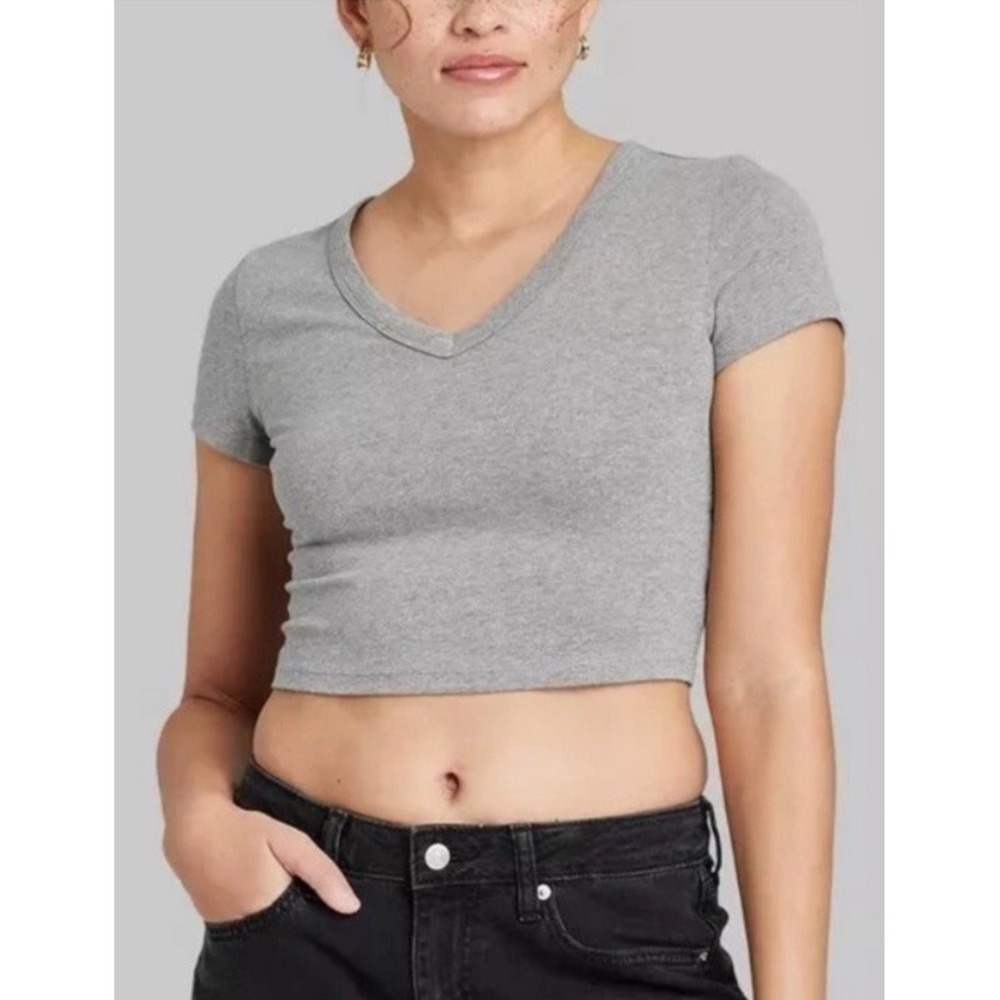 Wild Fable‎ Women's Short Sleeve V-Neck Dark Gray Cropped T-Shirt Small